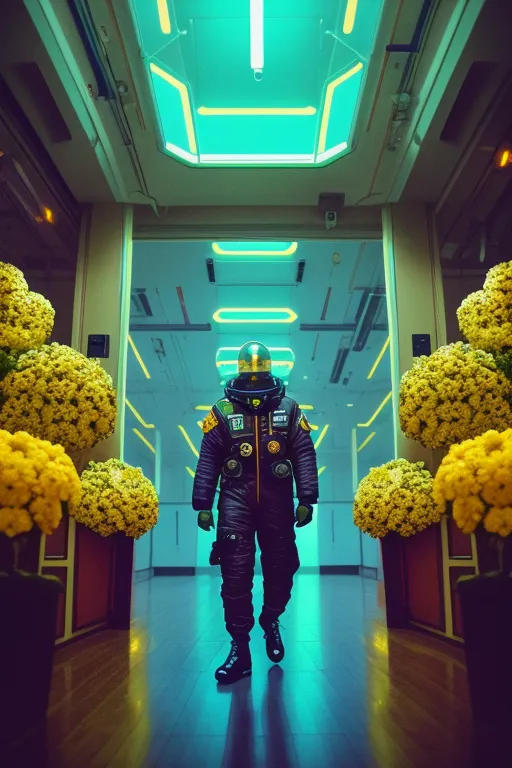 The image is a science fiction illustration of a futuristic astronaut walking through a brightly lit, retro-futuristic corridor. The astronaut is wearing a black spacesuit with a yellow and green striped pattern on the arms and legs. The helmet is black with a yellow visor. The corridor is lined with yellow flowers and has a green and yellow striped floor. The ceiling is lit by bright, white lights.
