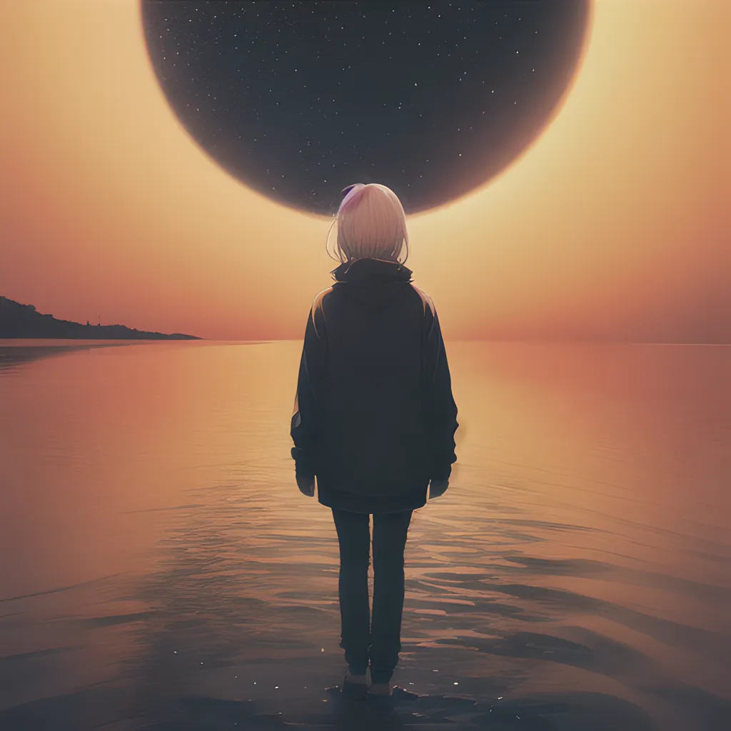 The image is a painting of a girl standing on a beach, watching a sunset. The sky is orange and the water is calm. The girl is wearing a black hoodie and jeans. Her hair is white and short. She is standing barefoot in the water, looking out at the sunset. The sun is setting behind a large, dark object that is partially blocking the view. The object is round and has a starry night sky inside of it. It is unclear what the object is, but it is likely a planet or a moon. The painting is done in a realistic style and the colors are vibrant and saturated. The image is both beautiful and thought-provoking, and it leaves the viewer wondering what will happen next.