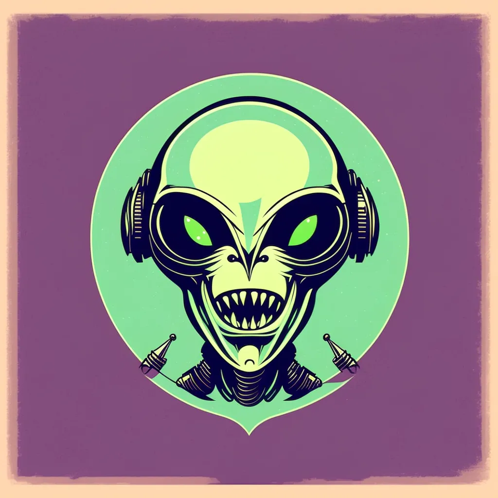 The image is a cartoon drawing of an alien head. The alien has green skin, large black eyes, and a wide mouth. It is wearing a pair of headphones. The alien's expression is one of determination and focus. The image is drawn in a retro style, with a limited color palette and simple shapes. The background is a light purple color, and the alien's head is surrounded by a white circle.