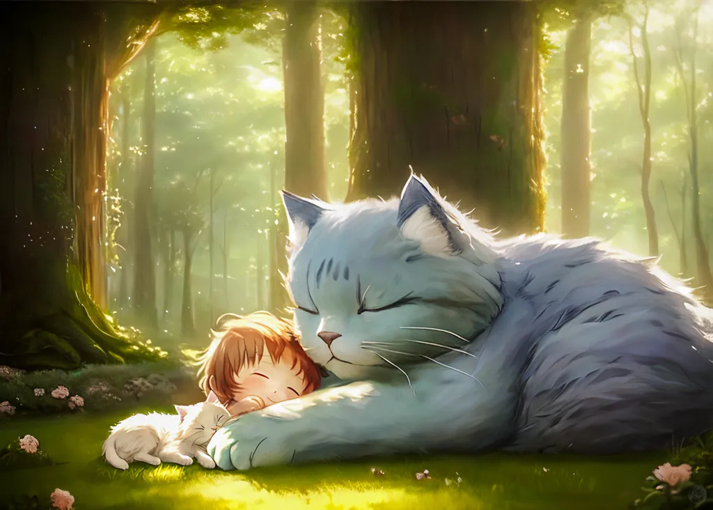 A imagem é de um gato azul grande dormindo em uma floresta. O gato tem os olhos fechados e está enrolado com um gato branco pequeno dormindo em sua pata. Uma menina com cabelos castanhos está dormindo ao lado do gato. Ela tem a cabeça no braço do gato e está sorrindo pacificamente. A floresta está cheia de árvores verdes e flores. O sol brilha através das árvores, criando uma atmosfera quente e pacífica.