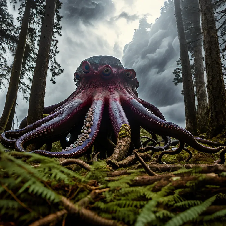 The image is a digital painting of a giant octopus in a forest. The octopus is dark purple in color and has eight long, curling tentacles. It is standing in a clearing in the forest, and the trees around it are tall and green. The octopus is looking at the viewer with its large, yellow eyes. The painting is done in a realistic style, and the octopus is depicted in great detail. The forest is dark and gloomy, and the octopus is the only source of light. The painting is full of mystery and wonder, and it leaves the viewer wondering what will happen next.
