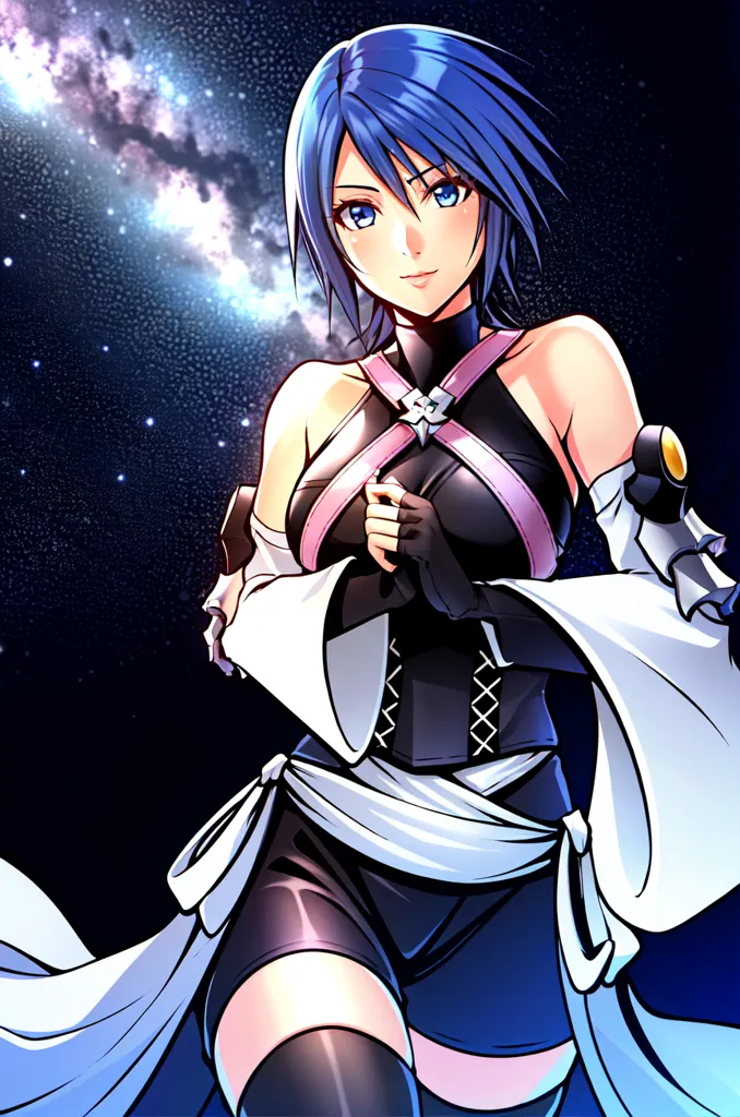 The image shows a young woman with blue hair and blue eyes. She is wearing a black and white outfit with a white sash tied around her waist. She is also wearing a pair of black boots. The woman is standing in front of a starry night sky. There is a large moon in the background. The woman is looking at the viewer with a serious expression on her face.