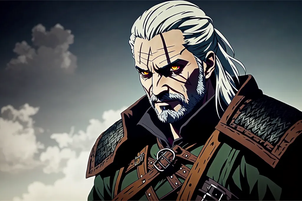 The image is of Geralt of Rivia, a character from the Witcher series. He is a Witcher, a professional monster hunter, and has white hair, yellow eyes, and a scar on his face. He is wearing a black leather jacket and a green shirt and has a sword on his back. He is standing in a dark, cloudy forest, looking to the right with a serious expression on his face.