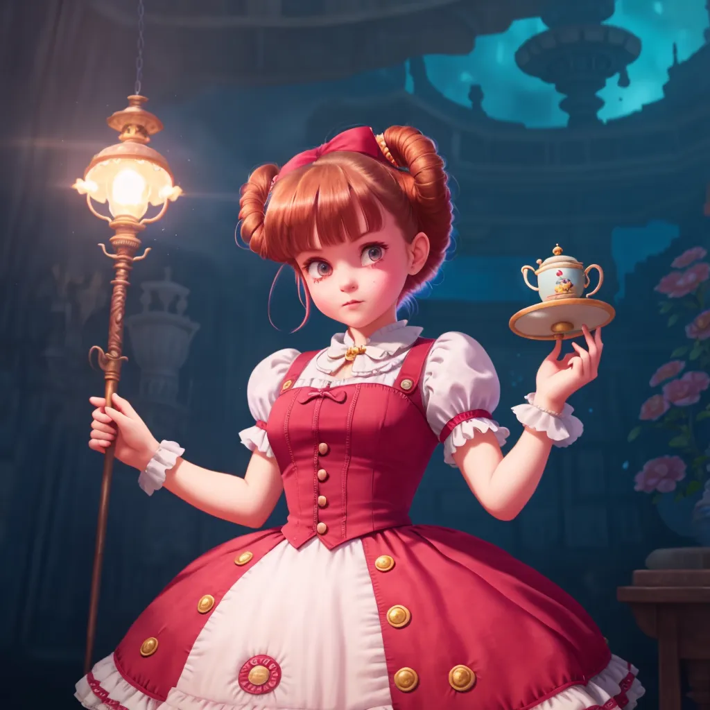 The image shows a young girl with red hair and blue eyes. She is wearing a red and white dress with a white apron. The girl is holding a lamp in one hand and a teapot in the other hand. She is standing in a dark room with a large window in the background. The window is covered in vines and there is a full moon shining outside.