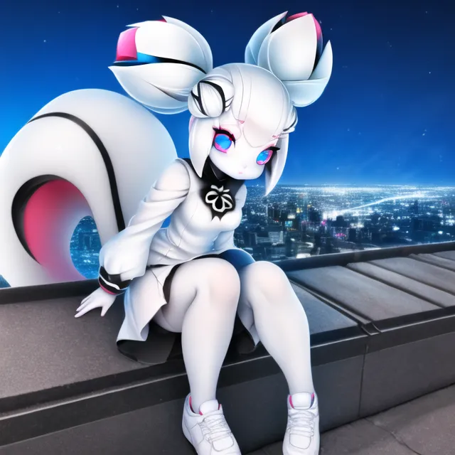 The image is of an anime-style squirrel girl sitting on a rooftop at night. She is wearing a white bodysuit with a pink and blue collar and white sneakers. She has long white hair with pink and blue tips, blue eyes, and rabbit-like ears. She is looking out over a city. The background is a cityscape with a blue sky and stars.