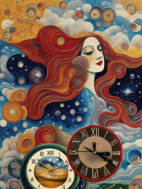 This is a painting of a woman with long red hair flowing in the wind. She is looking to the right of the frame and has a serene expression on her face. The background is a swirling blue and purple sky with stars and clouds. There are two clocks in the foreground, one on either side of the woman. The clock on the left is a golden color and is set to 3:00. The clock on the right is a silver color and is set to 6:00.