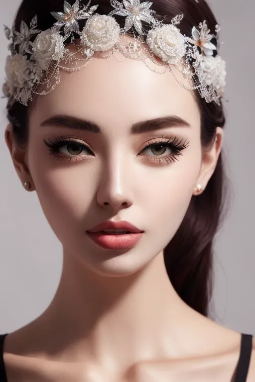 The image shows a young woman with long, dark hair and light brown eyes. She is wearing a white headband with flowers on it. The flowers are made of lace and have a pearl in the center. The woman's skin is flawless and her makeup is natural. She is wearing a soft pink blush and a nude lipstick. Her eyes are accentuated with long, dark eyelashes. The woman is looking at the camera with a soft smile.