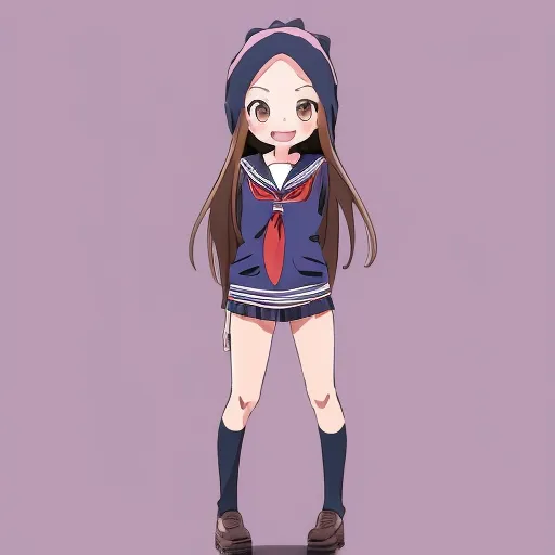 The image shows an anime-style girl with brown hair and brown eyes. She is wearing a blue and white sailor fuku with a red scarf, a gray hoodie with cat ears, and brown shoes. She is standing with her feet shoulder-width apart and her hands at her sides. She has a shy smile on her face. The background is a pale purple.