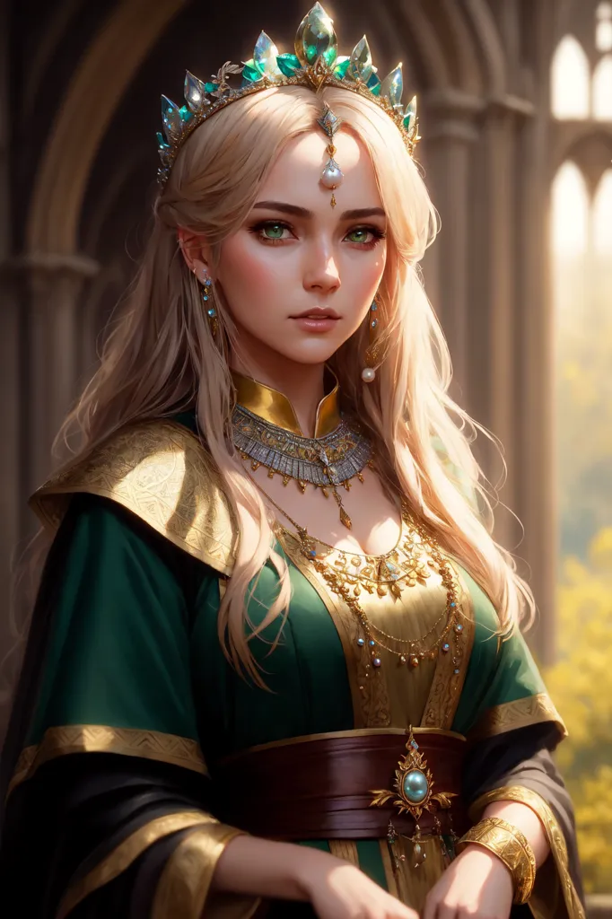 The image shows a beautiful young woman with long, flowing blonde hair. She is wearing a green dress with a gold and brown belt and a gold necklace with a large green gem in the center. On her head, she is wearing a gold crown with green gems. She has light green eyes and a gentle smile on her face. She is standing in a grand hall with stone columns and a large stained glass window in the background.