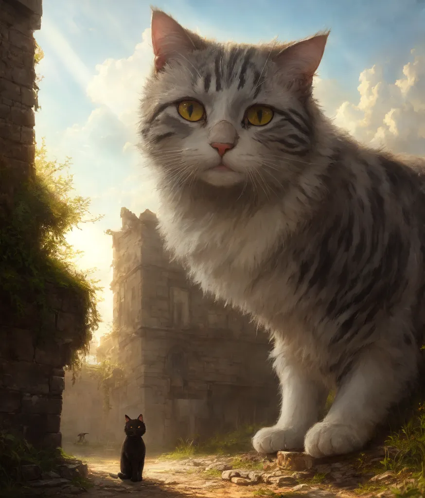 A digital painting of a giant grey and white cat standing in a ruined city. The cat has yellow eyes and is looking down at a small black cat. The city is in ruins and there are no people visible. The sky is blue and there are some clouds. The painting is done in a realistic style and the fur of the cats is particularly well done.