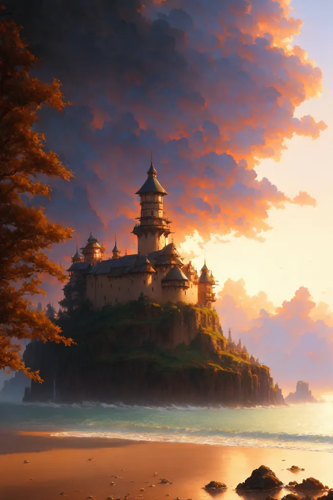 The image is a beautiful landscape of a castle on a cliff by the sea. The castle is made of gray stone and has many towers and turrets. The sky is a stormy gray and the sea is a deep blue. The waves are crashing against the cliffs and the wind is whipping the trees. A lone tree stands in the foreground, its branches reaching out towards the castle.