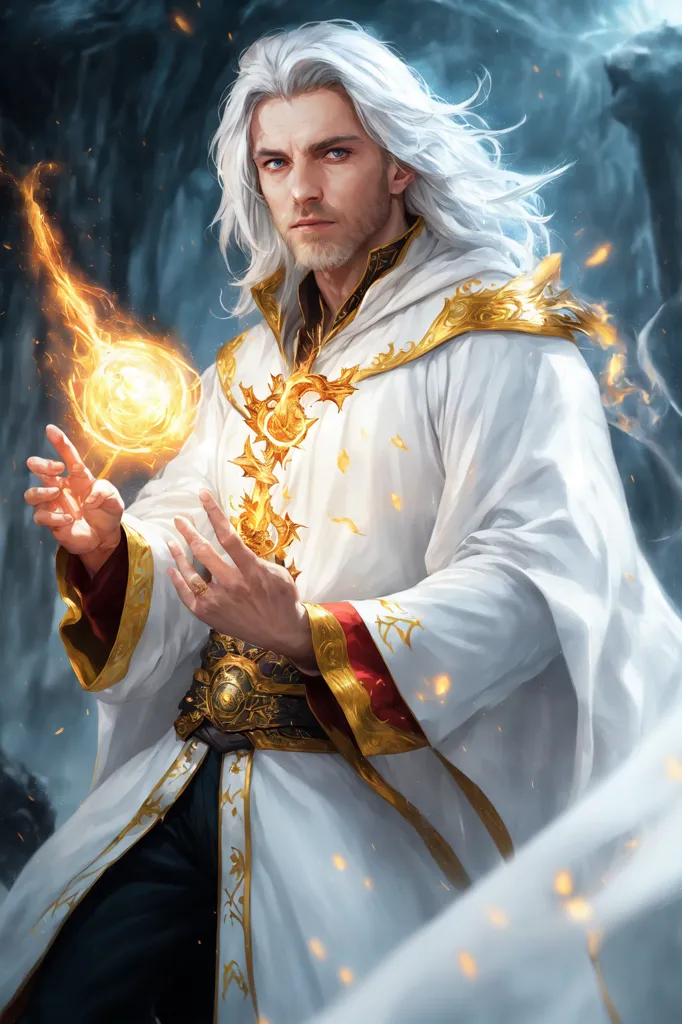 The image is of a young man with long white hair and blue eyes. He is wearing a white robe with gold trim, and there is a gold chain around his neck. He is standing in a forest, and there is a fire in his hand. He is looking at the fire, and his face is serene. The image is of a man who is at peace with himself and his surroundings.