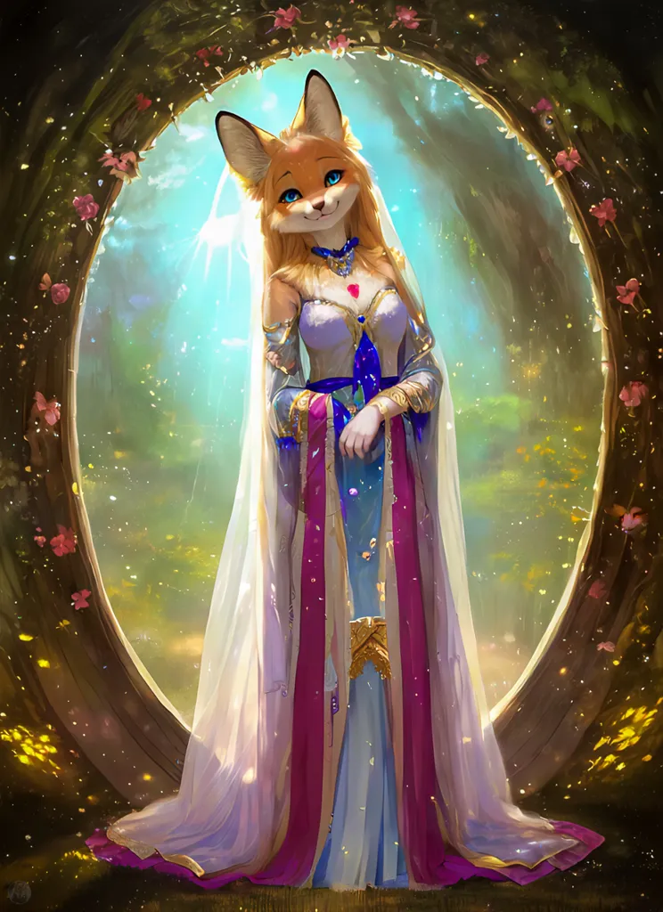The image is a painting of a beautiful, anthropomorphic fox woman. She is standing in a forest, and is dressed in a white and gold gown with a long train. The gown is trimmed with fur, and she is wearing a necklace of rubies and diamonds. Her hair is long and flowing, and she has a pair of fox ears and a fox tail. She is standing in front of a large mirror, which is reflecting her image. The mirror is made of polished silver, and is framed in gold. The frame is decorated with intricate carvings of flowers and leaves. The background of the painting is a forest, with tall trees and lush foliage. The painting is done in a realistic style, and the artist has used a variety of techniques to create a sense of depth and realism. The overall effect is one of beauty and mystery.