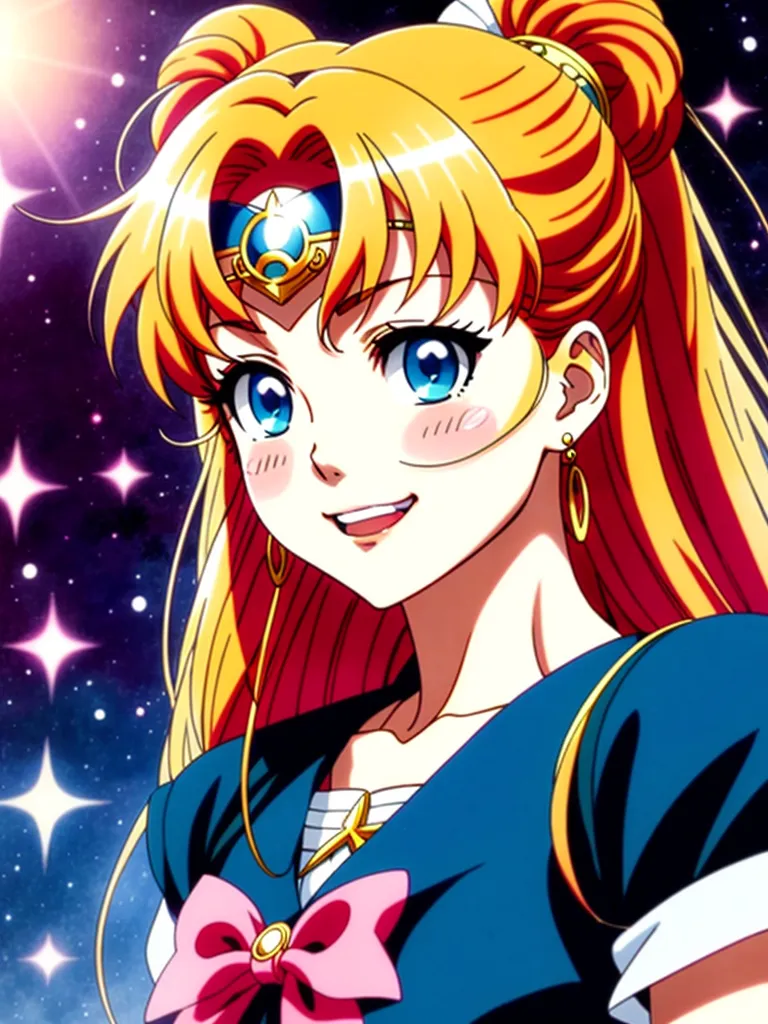 The image is of a young woman with long, flowing blonde hair and blue eyes. She is wearing a blue and white sailor-style outfit with a pink bow at the neck. She has a crescent moon-shaped tiara on her head and matching earrings. She is smiling and has a confident expression on her face. The background is a starry night sky with a few stars twinkling. The woman is likely a magical girl or a superhero, and she appears to be ready for battle.