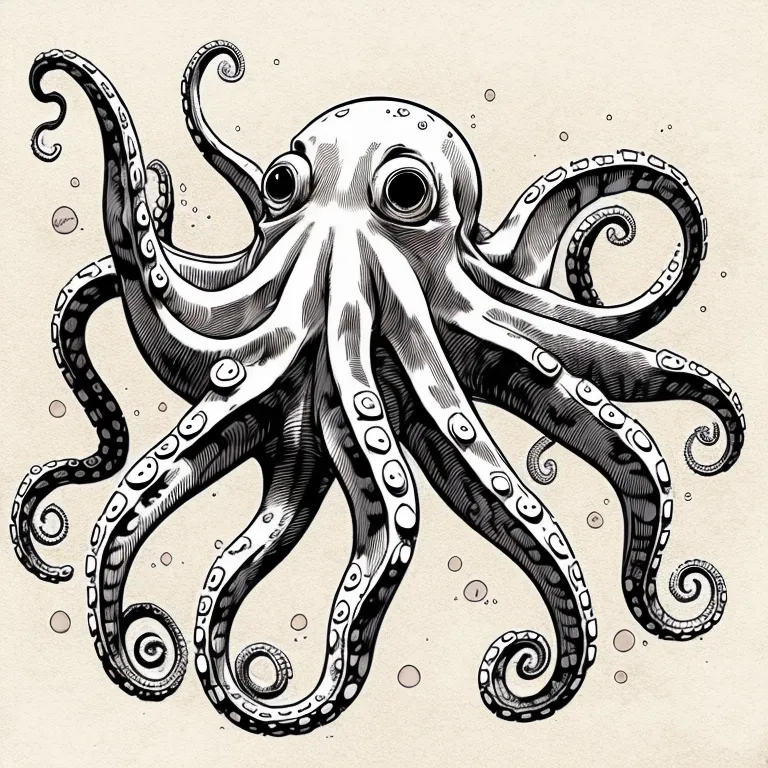 The image is a black and white drawing of an octopus. The octopus has its eight tentacles spread out in a circular pattern. The octopus's eyes are large and round, and its mouth is open. The octopus is surrounded by small bubbles.