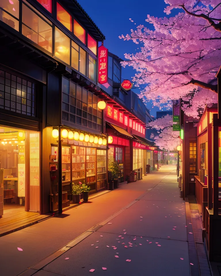 The image is a beautiful depiction of a traditional Japanese street at night. The street is lined with old wooden buildings, each with its own unique charm. The buildings are adorned with red lanterns and pink cherry blossom petals. The street is lit by the warm glow of the lanterns and the soft light of the moon. A few people are walking along the street, enjoying the cool night air. The overall atmosphere of the image is one of peace and tranquility.