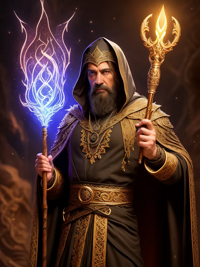 The image shows a powerful wizard, dressed in a long black robe with gold trim. He has a long white beard and a bald head. He is holding a staff in his right hand, and a ball of blue fire is floating in his left hand. He is standing in a dark room, with a stone wall behind him.