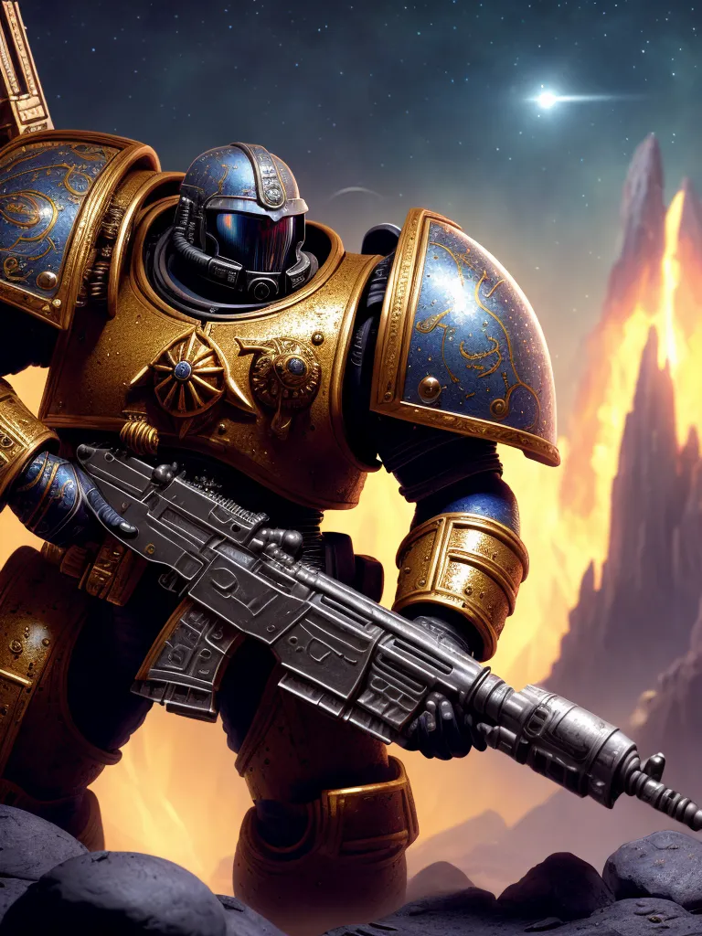 The image shows a Space Marine, a genetically enhanced super-soldier from the Warhammer 40,000 universe. He is wearing golden and blue power armor and a helmet with a visor. He is armed with a bolter, a powerful gun that fires explosive rounds. The Space Marine is standing on a rocky surface with a lava river and a mountain range in the background. The sky is dark and there are stars and a moon in the sky.