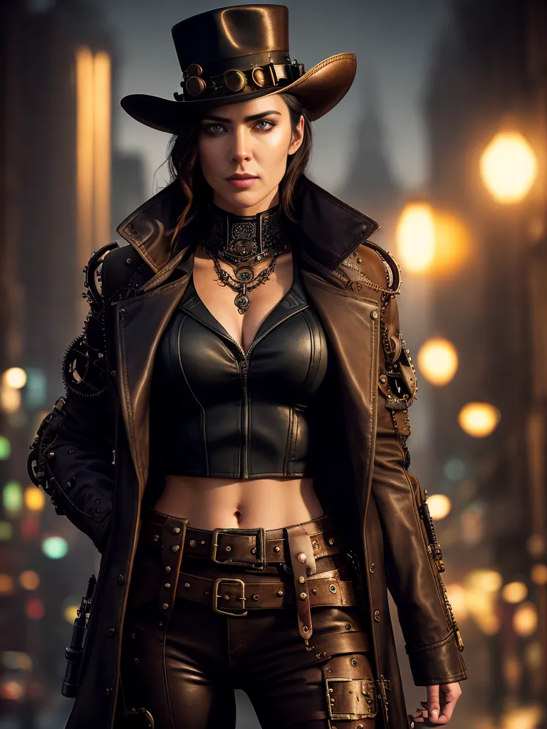 The image is a portrait of a woman dressed in a steampunk style. She is wearing a brown leather trench coat with a black corset top underneath. She has a brown leather cowboy hat on her head and a variety of belts and buckles around her waist. She is also wearing a number of steampunk accessories, including a pair of goggles, a necklace, and a bracelet. The woman has long brown hair and blue eyes, and she is looking at the viewer with a confident expression. The background of the image is a blurred cityscape with a steampunk aesthetic.