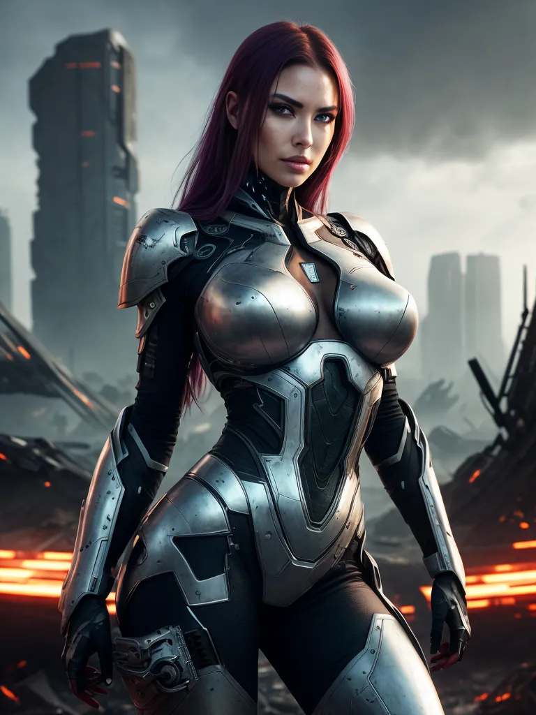 The image shows a young woman standing in a post-apocalyptic cityscape. She is wearing a silver and black bodysuit that covers her body from the neck to the thighs. The suit has a futuristic design and appears to be made of some type of metal or alloy. The woman's hair is long and purple, and her eyes are a deep blue. She has a confident expression on her face, and she is standing with her hands on her hips. In the background, there are several large buildings in ruins. The sky is dark and there are flames on the ground.