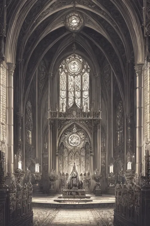 The image is a black and white drawing of a Gothic cathedral. The cathedral is dark and mysterious, with a high vaulted ceiling and stained glass windows. The floor is covered in cobblestones, and there are candles burning on the altar. A large organ is located in the back of the cathedral.