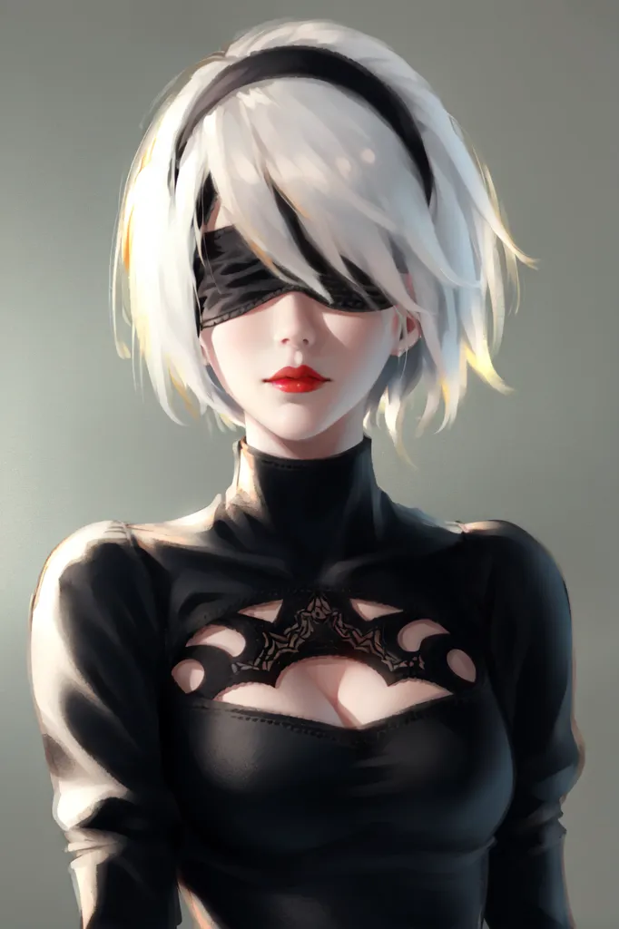 The image is a digital painting of a young woman with short white hair and red lips. She is wearing a black dress with a high collar and a blindfold over her eyes. The background is a solid light gray. The woman's expression is one of calm determination. She looks like she is about to face a challenge, but she is confident that she will overcome it. The painting is done in a realistic style, and the artist has paid close attention to detail. The woman's skin is smooth and flawless, and her hair is soft and silky. The black dress is rendered in great detail, and the lace overlay is delicate and intricate. The blindfold is tied tightly around her head, and it covers her eyes completely. The woman's expression is difficult to read, but there is a sense of strength and determination in her eyes. The painting is a beautiful and thought-provoking work of art. It is a reminder that even in the darkest of times, there is always hope.