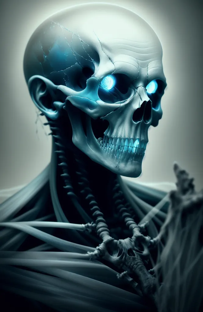 A imagem é uma representação altamente detalhada de um crânio. O crânio está voltado para o observador e ligeiramente inclinado para a direita. O crânio é feito de osso e tem uma cor branco-azulada. As órbitas oculares estão vazias e escuras. Os dentes são afiados e brancos. O crânio está rodeado por um fundo escuro.
