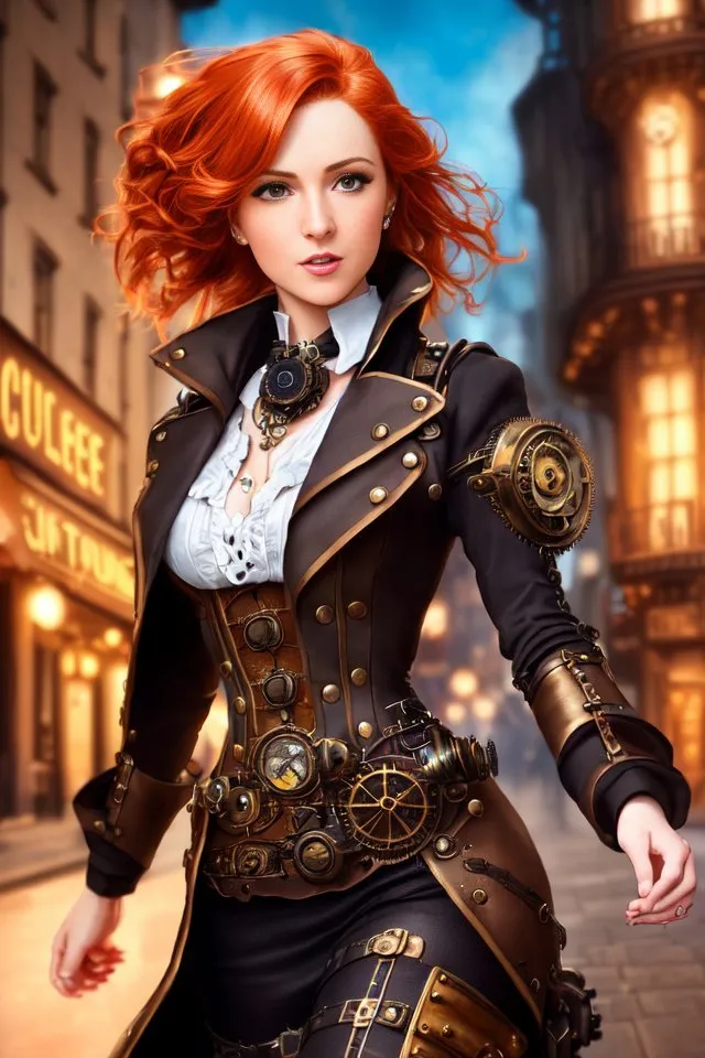 This is an image of a young woman, probably in her 20s, with an hourglass figure, fair skin, and bright red hair that cascades down her shoulders in loose waves. She is wearing a steampunk-inspired outfit that consists of a brown leather jacket with gold buttons and various gears and cogs attached to it, a white corset with a black lace overlay, and brown leather pants. She is also wearing a brown leather belt with a large gear-shaped buckle and a pair of brown leather boots. On her neck, she is wearing a necklace with a small clock pendant.

The woman is standing in a street with a building with the words \