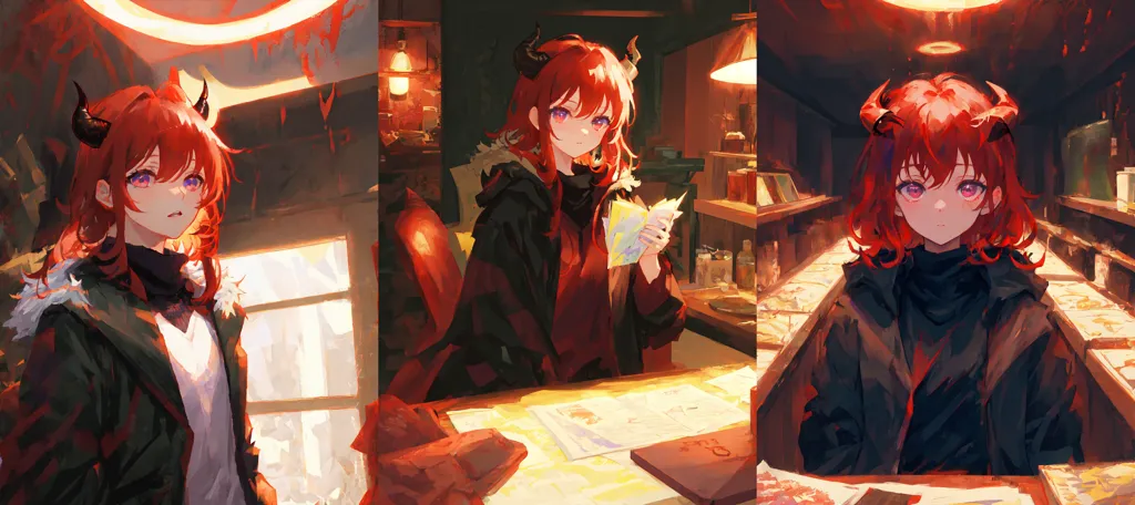 A imagem mostra uma jovem mulher com cabelos vermelhos e chifres. Ela está usando um casaco preto e uma camisa branca. Ela está sentada em uma sala iluminada por uma lâmpada vermelha. Há estantes de livros nas paredes e uma mesa no meio da sala. A mulher está olhando para um mapa.