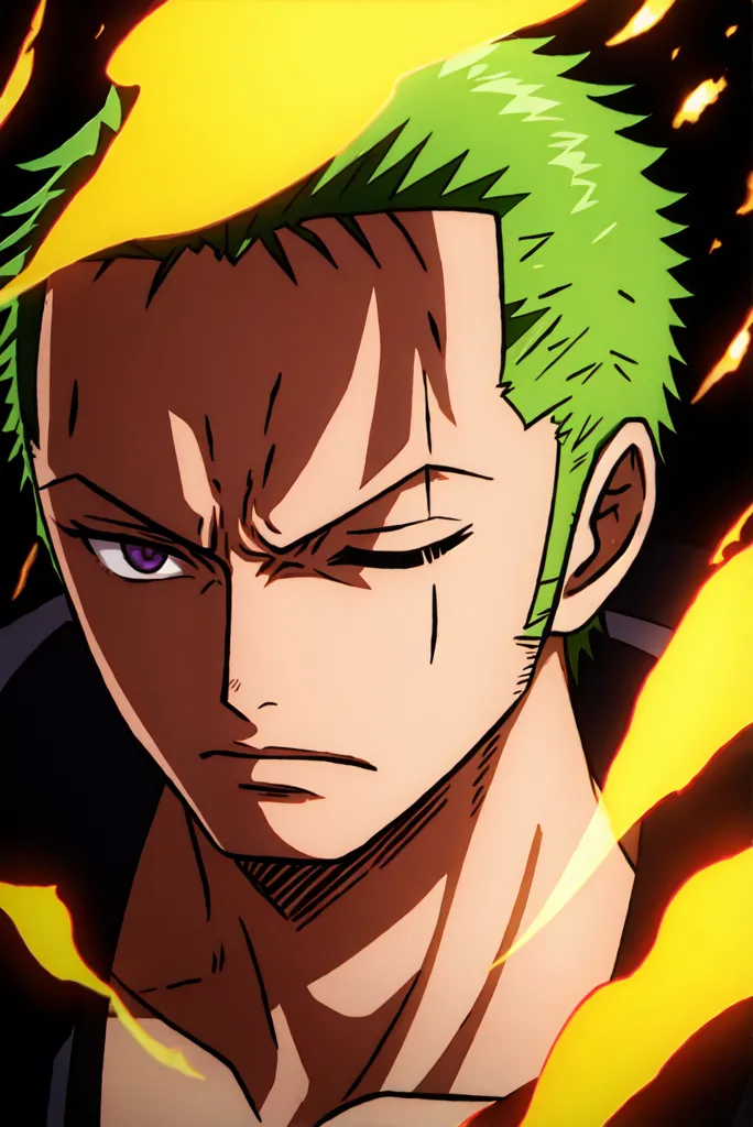A imagem mostra um close-up de Roronoa Zoro, um personagem da série de anime One Piece. Ele tem cabelos verdes e uma cicatriz no olho esquerdo. Ele está usando uma camisa preta e um lenço verde. Ele tem uma expressão séria no rosto e está olhando para o espectador com o olho esquerdo fechado. O fundo é amarelo e há chamas ao redor de sua cabeça.