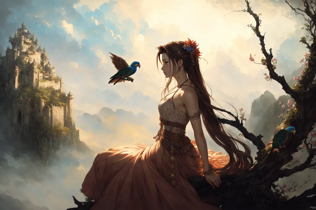 The image is of a beautiful woman with long brown hair sitting on a tree branch. She is wearing a pink and brown dress and has a flower in her hair. She is looking at a blue parrot that is flying towards her. In the background, there is a large castle on top of a cliff. The sky is blue and cloudy and there are mountains in the distance.