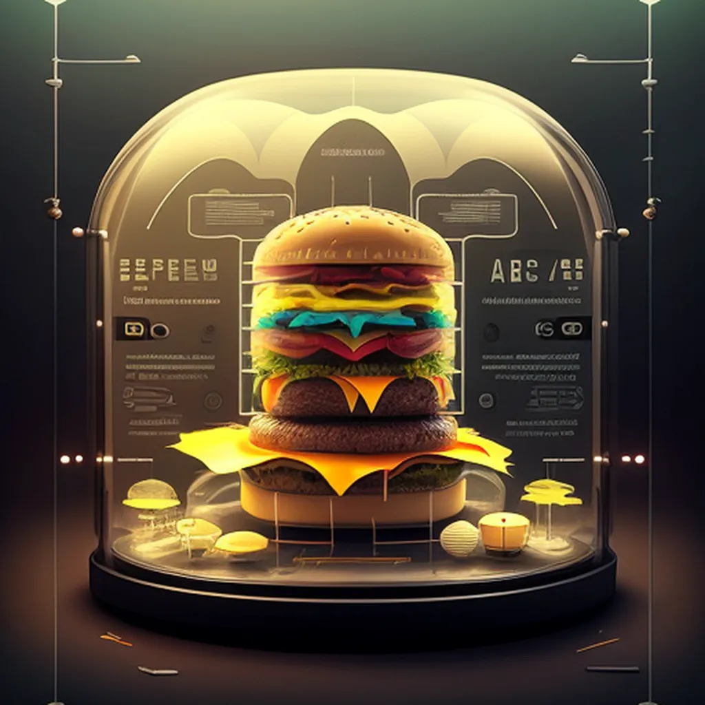 The image is a 3D rendering of a hamburger in a glass dome. The hamburger is made of two beef patties, cheese, lettuce, tomato, onion, and pickles. The dome is made of glass and has a metal base. The hamburger is sitting on a white plate. There is a small light on the left side of the dome. The background is black.