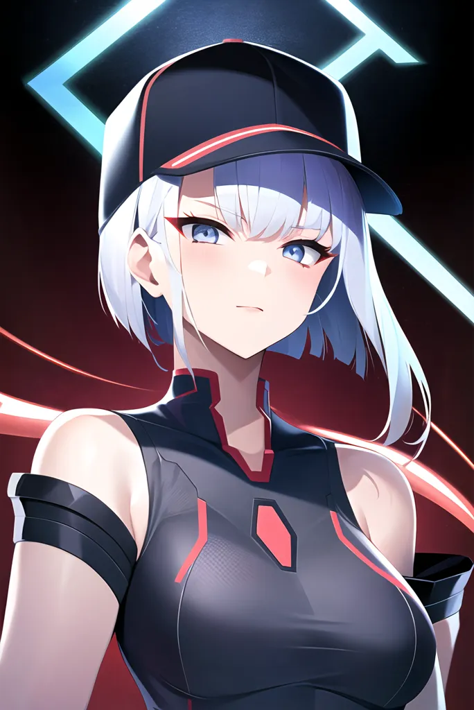 The image is a portrait of a young woman with short white hair and blue eyes. She is wearing a black cap and a black and red bodysuit. The background is dark with a red and blue light shining from the top left corner. The woman's expression is serious and determined. She looks like she is ready to face any challenge that comes her way.