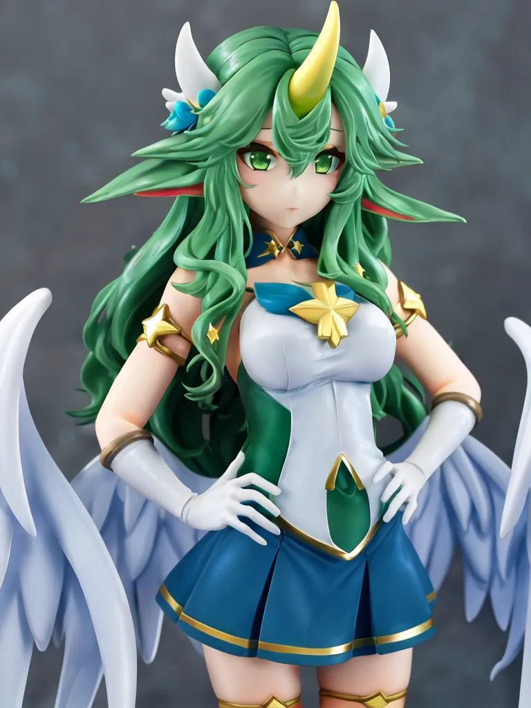 The image shows a figure of a green-haired anime girl with horns and wings. She is wearing a white and green outfit with a blue skirt and has a confident expression on her face. The figure is made of PVC and is approximately 1/7 scale. It is a limited edition figure and was released in 2023.
