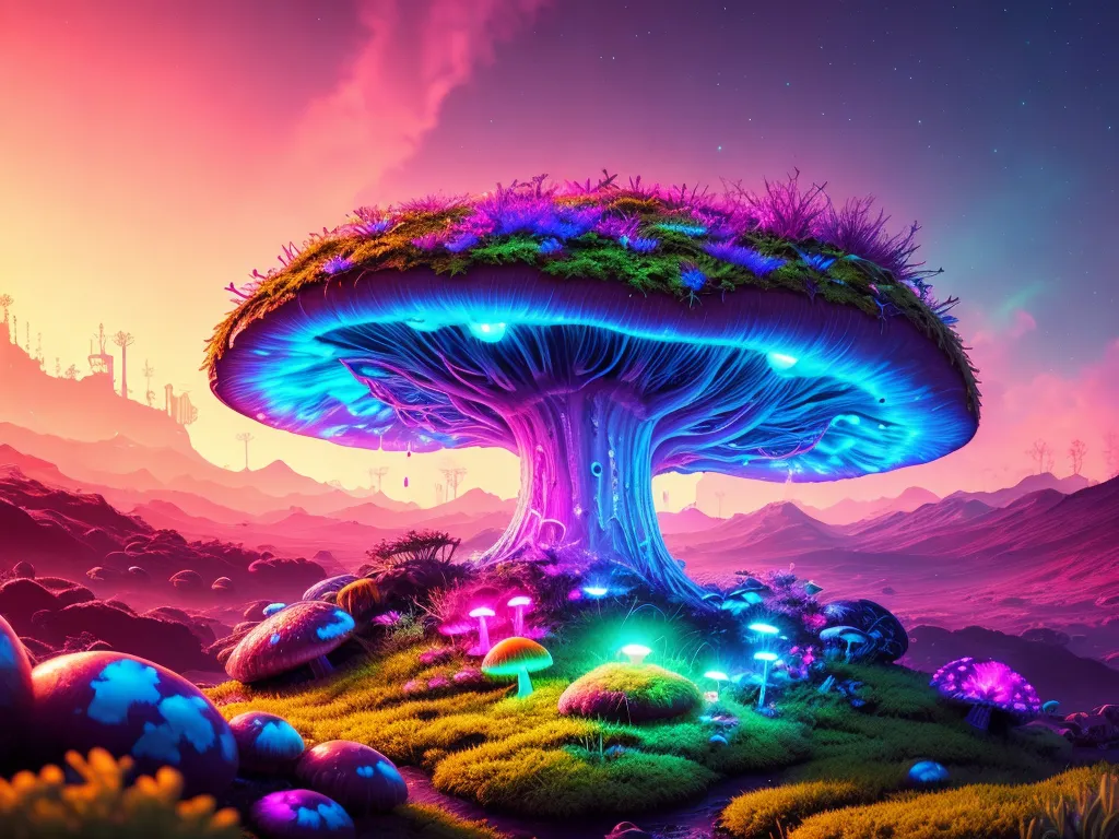 The image is a beautiful landscape of a different world. The sky is a gradient of pink, purple, and blue, and the ground is covered in green grass and strange mushrooms. There is a large, glowing mushroom in the center of the image, and several smaller mushrooms scattered around it. The mushrooms are all different colors, and they are all glowing. The image is very psychedelic, and it seems to be inspired by the works of artists such as Salvador Dali and Hieronymus