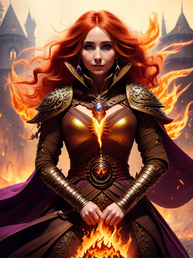 The image is of a redheaded woman standing in front of a burning castle. She is wearing a golden breastplate and a purple cape. She has a determined expression on her face and is holding a fireball in her hands. She is surrounded by flames.
