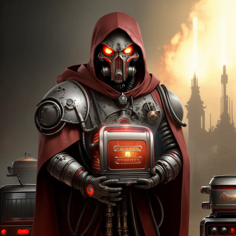 The image shows a robot wearing a red robe with a hood. The robot's face is hidden by a mask with glowing red eyes. It is holding a toaster in its hands. The background is a dark, industrial landscape with a large building in the distance.