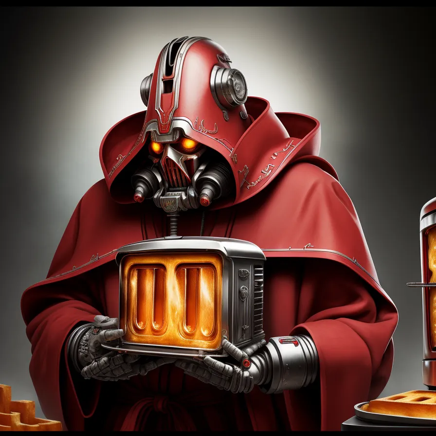 The image is of a robot wearing a red robe and a helmet with a respirator. It is holding a toaster that is turned on and has two slices of bread in it. The robot is standing in front of a gray background.