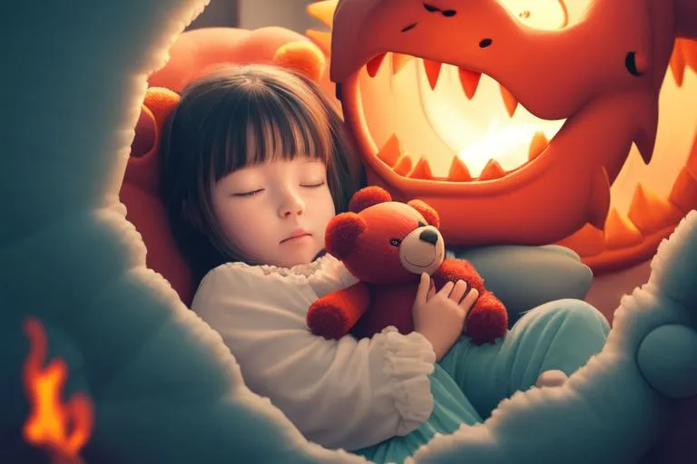 In the image, you can see a little girl sleeping soundly in her bed. She has a teddy bear clutched close to her chest, and a red dragon plush toy is sitting on her bed, watching over her. The girl is wearing a white nightgown with a ruffled collar, and her hair is dark and short. The dragon plush toy is red and orange, with big, white teeth and a long, serpentine body. It has a friendly expression on its face, and its wings are wrapped around the girl in a protective gesture. The background of the image is a dark blue, with a few stars twinkling in the distance. The overall mood of the image is peaceful and warm.