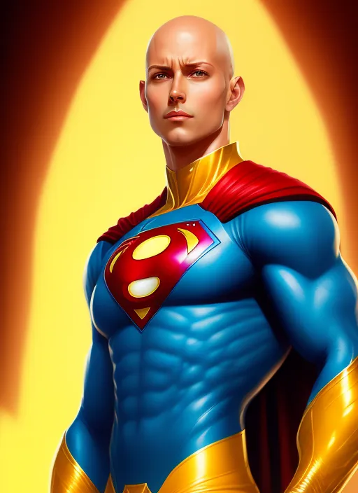 This is an image of a superhero. He is bald and has blue eyes. He is wearing a blue and yellow suit with a red cape. The suit has a large yellow \