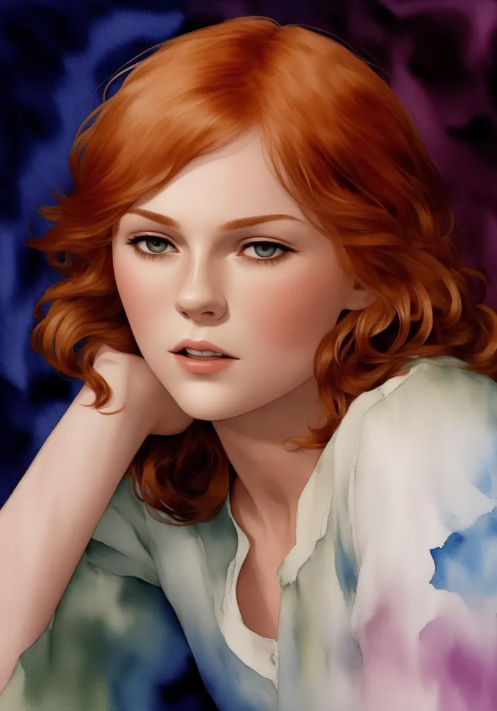 The image is a portrait of a young woman with red hair. She is wearing a white shirt and has a thoughtful expression on her face. The background is a dark blue with a hint of purple. The woman's hair is long and wavy and she has light green eyes. Her skin is fair and flawless. She is wearing a light shade of makeup and her lips are a soft pink. The woman is sitting with her chin resting on her hand and she is looking at the viewer with a slightly raised eyebrow.