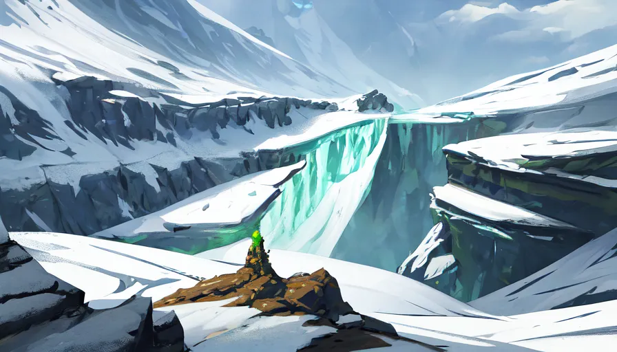 The image is a beautiful landscape painting of a snowy mountain range. The mountains are covered in snow and ice, and there is a large waterfall in the background. The sky is a clear blue, and there are some clouds in the distance. In the foreground, there is a small green crystal on a rock outcropping. The crystal is glowing, and it appears to be the source of the waterfall.