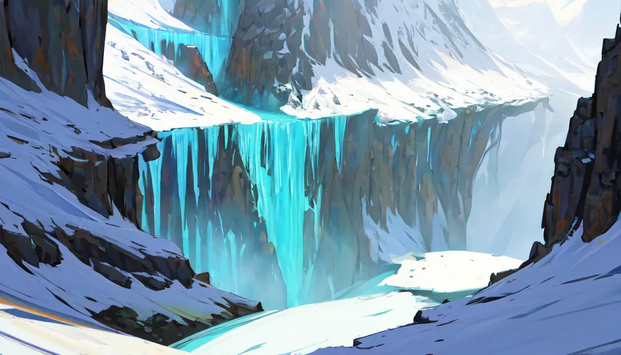 A imagem é uma bela pintura de paisagem de uma cachoeira congelada. A cachoeira está localizada em um cânion estreito entre duas montanhas altas. A água tem uma cor azul vibrante e cai sobre a borda do penhasco, criando um efeito visual deslumbrante. As montanhas estão cobertas de neve e gelo, e as árvores estão despidas. A única outra cor na imagem é um pequeno pedaço de musgo verde nas rochas perto da base da cachoeira. A pintura é feita em um estilo realista e os detalhes são exquisitos. O artista capturou a beleza do mundo natural nesta obra de arte deslumbrante.