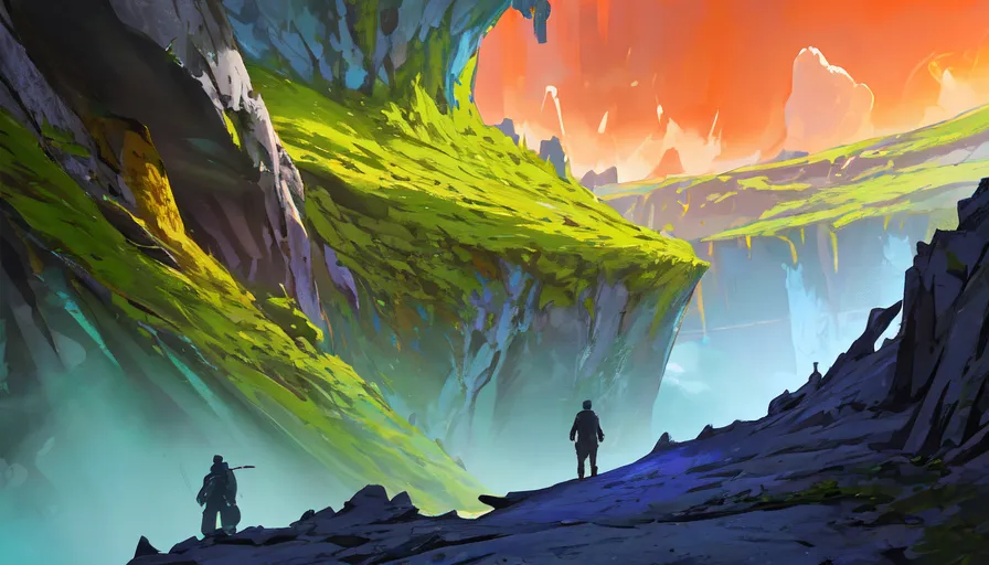 The image is a beautiful landscape painting. It shows a wide canyon with a river running through it. The canyon walls are covered in lush green vegetation, and the sky is a bright orange. There are two figures standing on the edge of the canyon, looking out at the view. The painting is done in a realistic style, and the colors are very vibrant. The overall effect is one of beauty and wonder.