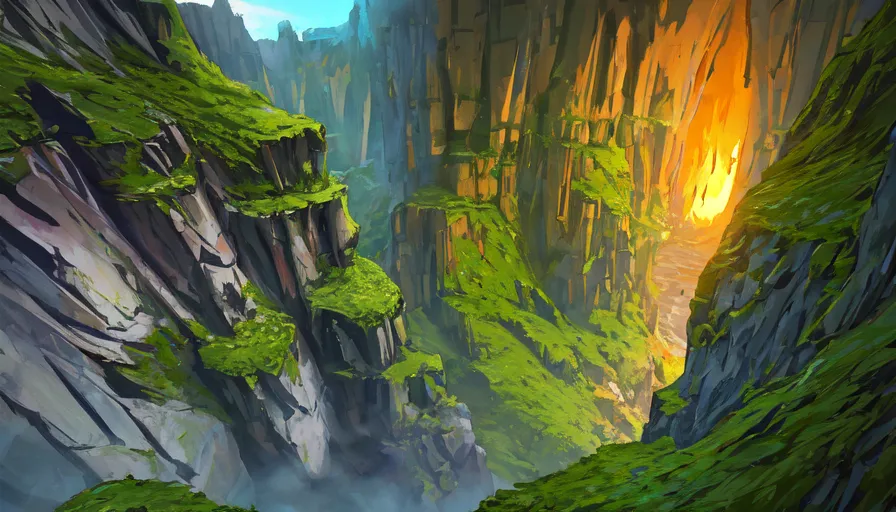 The image is a digital painting of a mountain landscape. The foreground is dominated by a deep chasm, with sheer cliffs rising up on either side. The cliffs are covered in lush green vegetation, and there is a waterfall cascading down the side of one of the cliffs. In the background, there is a glimpse of a distant mountain range. The sky is a clear blue, with a few wispy clouds floating by. The overall effect of the image is one of awe and wonder. The viewer is dwarfed by the size of the mountains and the beauty of the landscape.