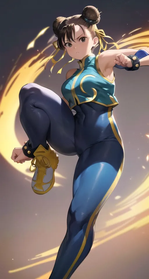 The image is of Chun-Li, a character from the Street Fighter video game series. She is depicted in a blue and yellow outfit and is in a fighting stance. The background is a dark orange color. Chun-Li is a skilled martial artist and is known for her speed and agility. She is also a strong and independent woman who is not afraid to stand up for herself.