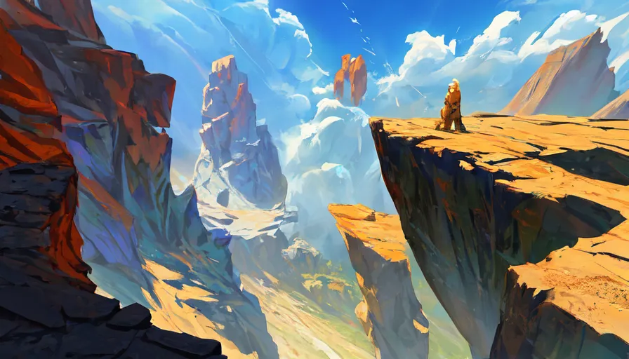 The image is a beautiful landscape painting. It shows a vast canyon with a river running through it. The canyon is surrounded by tall cliffs and mountains. The sky is blue and cloudy. There is a figure standing on a cliff in the foreground. The figure is wearing a brown cloak and is looking out at the view. The painting is done in a realistic style and the colors are vibrant and lifelike. The image is full of detail and the artist has clearly put a lot of thought into its composition.