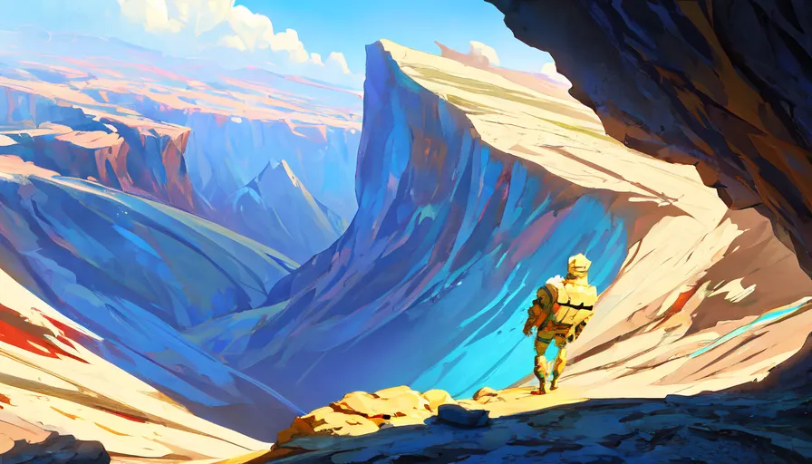 The image is a beautiful landscape painting. It shows a vast canyon with a river running through it. The canyon is surrounded by tall mountains. The sky is a clear blue with a few clouds. The painting is done in a realistic style and the colors are very vibrant. The image is full of detail and the artist has clearly spent a lot of time on it.