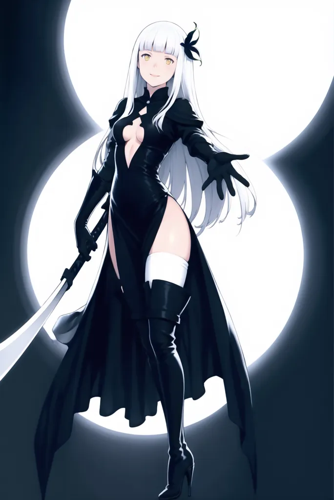The image is of a young woman with long white hair and yellow eyes. She is wearing a black dress with a high collar and a long slit on one side. She is also wearing black boots and gloves. She is standing in front of a white background with a large moon behind her. She is holding a sword in her right hand and has her left hand outstretched.