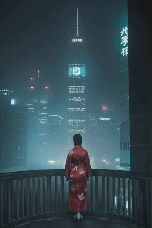 The image is a depiction of a woman standing on a rooftop in a futuristic city. She is wearing a red kimono with floral patterns and is looking out at the city below. The city is shrouded in mist and there are tall buildings and skyscrapers in the background. The image has a dark and moody atmosphere.